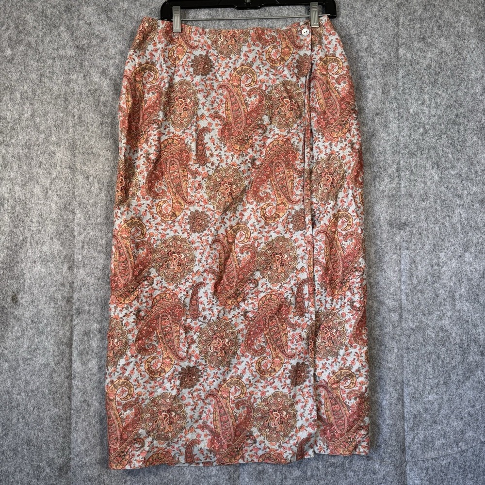 Vintage Linen Wrap Maxi Skirt Womens 12P Floral Cottagecore Garden Paisley